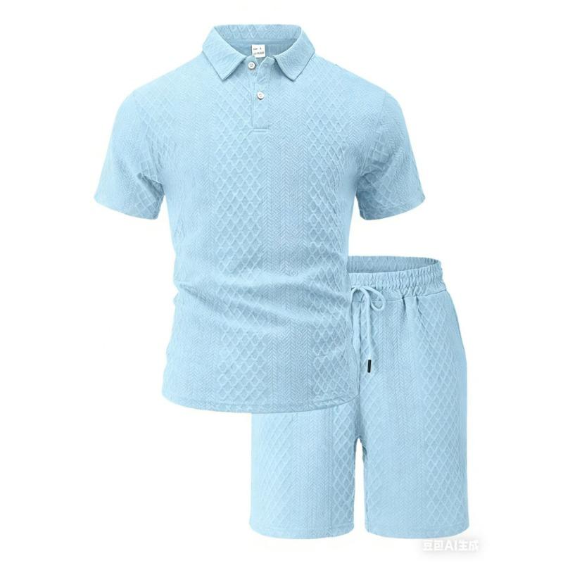

Mens Light Blue Textured Polo Shirt and Casual Shorts Set S