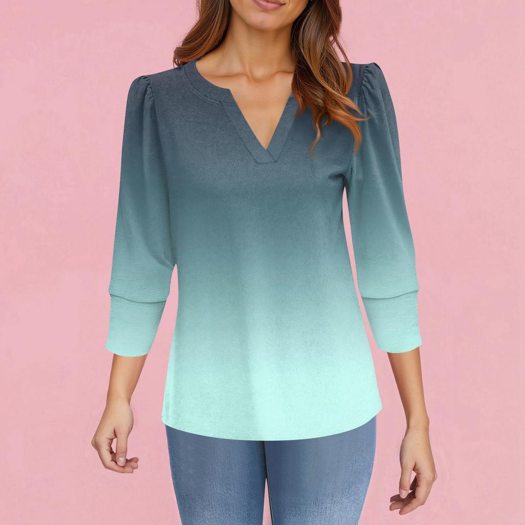 Moda Feminina Casual Camisa Estampada Manga 3/4 Tops Femininos Decote V
