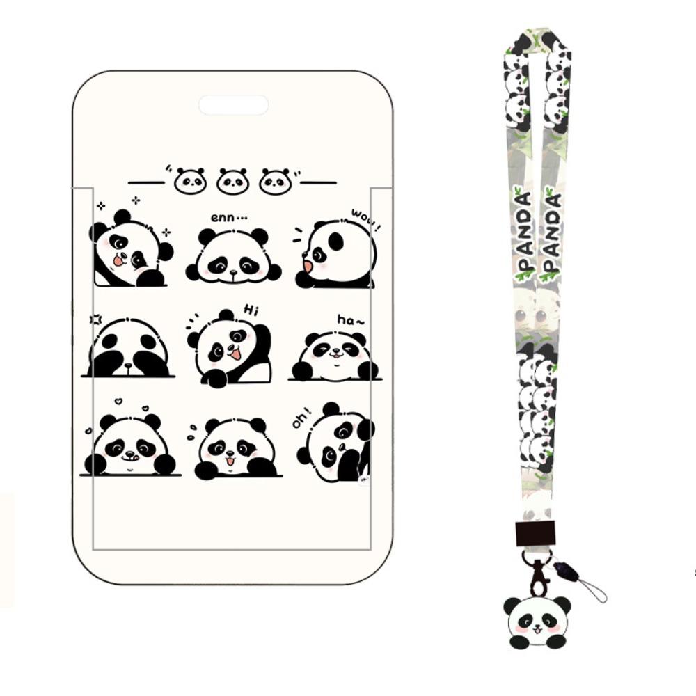New Panda Printing Plastic Card Holder with Long Lanyard Slide Card Case ID Card Protective Cover