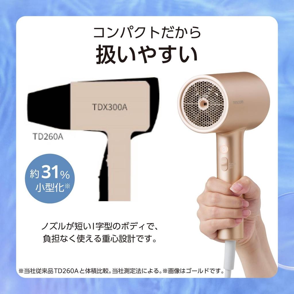 Tescom Moisture Ion(TM) Hair Dryer, Moisturizing Hair, Hot/Cool Mode, I-Shaped, 1.7m Cord, Black, TDX300A-K