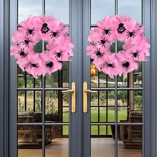 Halloween Wreath Pink Gauze Wreath with Spiders Decorative Front Door