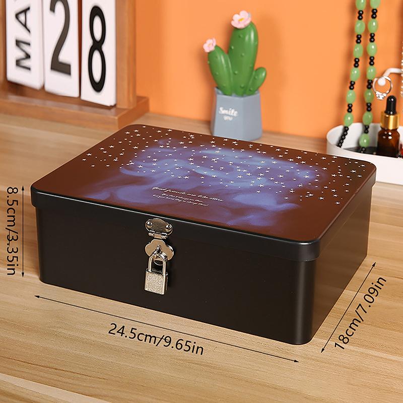 Vintage Large Capacity Tinplate Box With Lock Key Desktop Storage Case Metal Box Jewelry Storage Empty Box