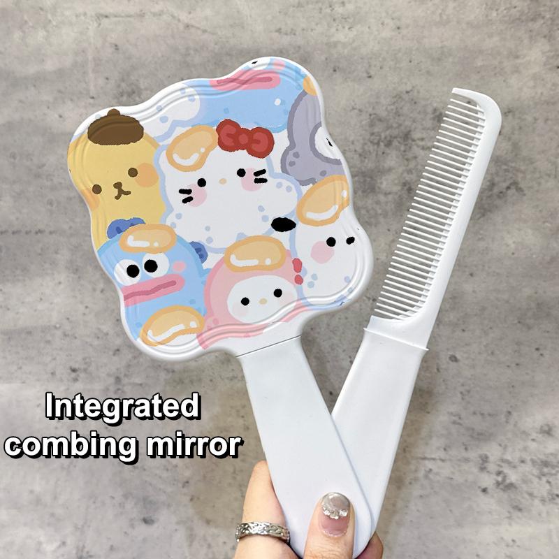 Takoyaki Sanrio Extracted Makeup Mirror Hello Kitty My Melody Handheld Mirror Comb For Women Portable Girls Gift Massage Styling