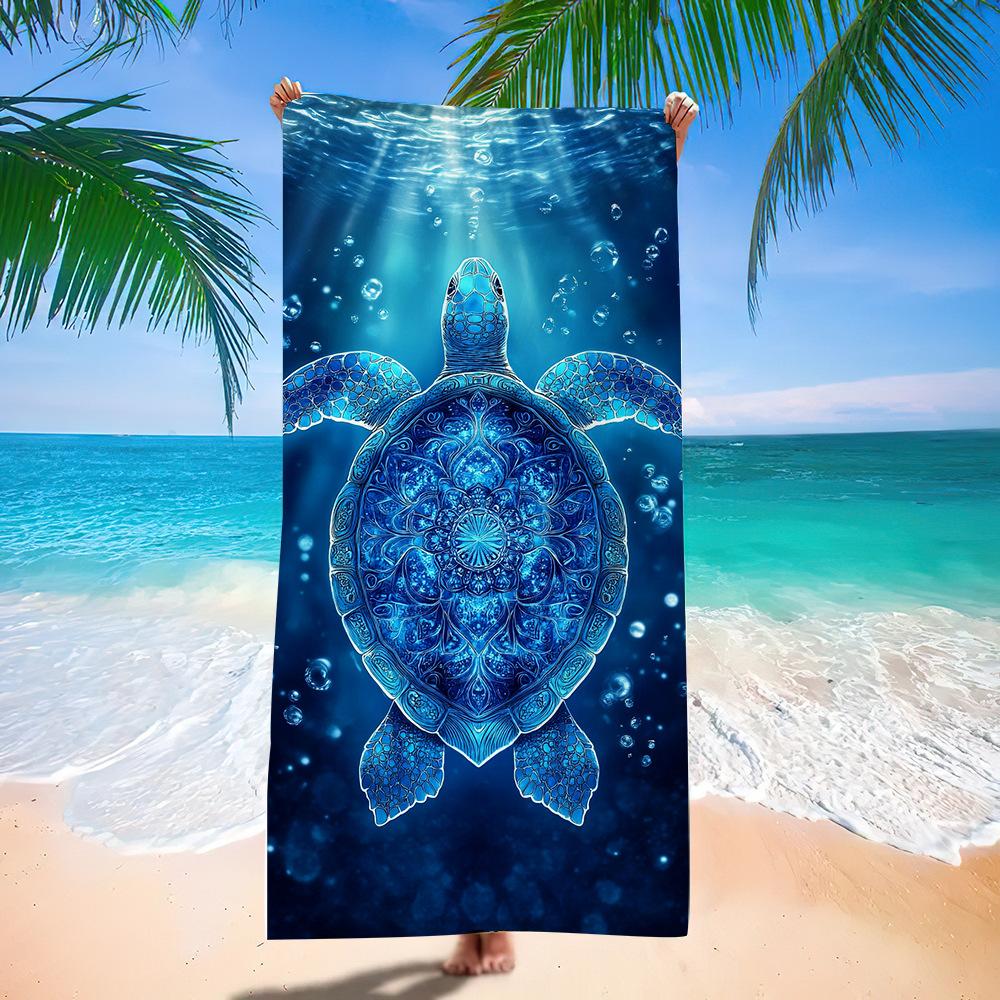 Süßes Cartoon-Schildkröten-Strandtuch mit Unterwasserfisch-Print, Schnelltrocknendes Handtuch für Damen