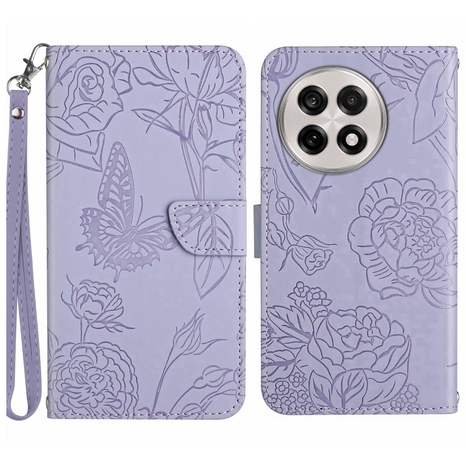 

Чехол для OnePlus 13R 5G Кожаный чехол для телефона с ремешком, с принтом бабочки и цветов Purple