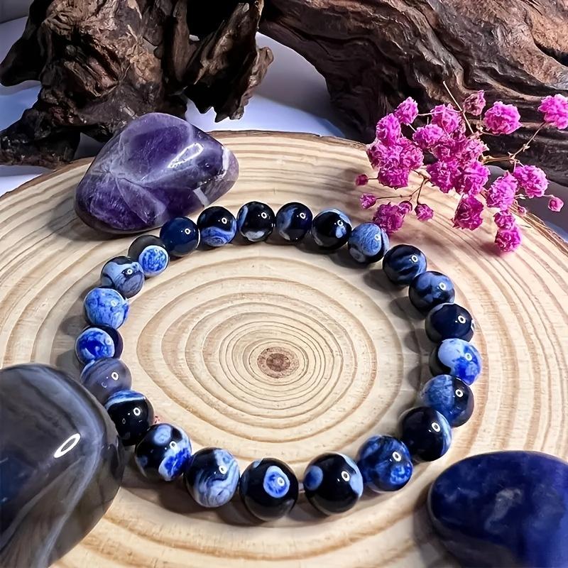 8mm Black, White, and Blue Round Bead Stretch Bracelet, European and American Style Colorful Printed Beaded Bracelet for Men and Women, Suitable for
