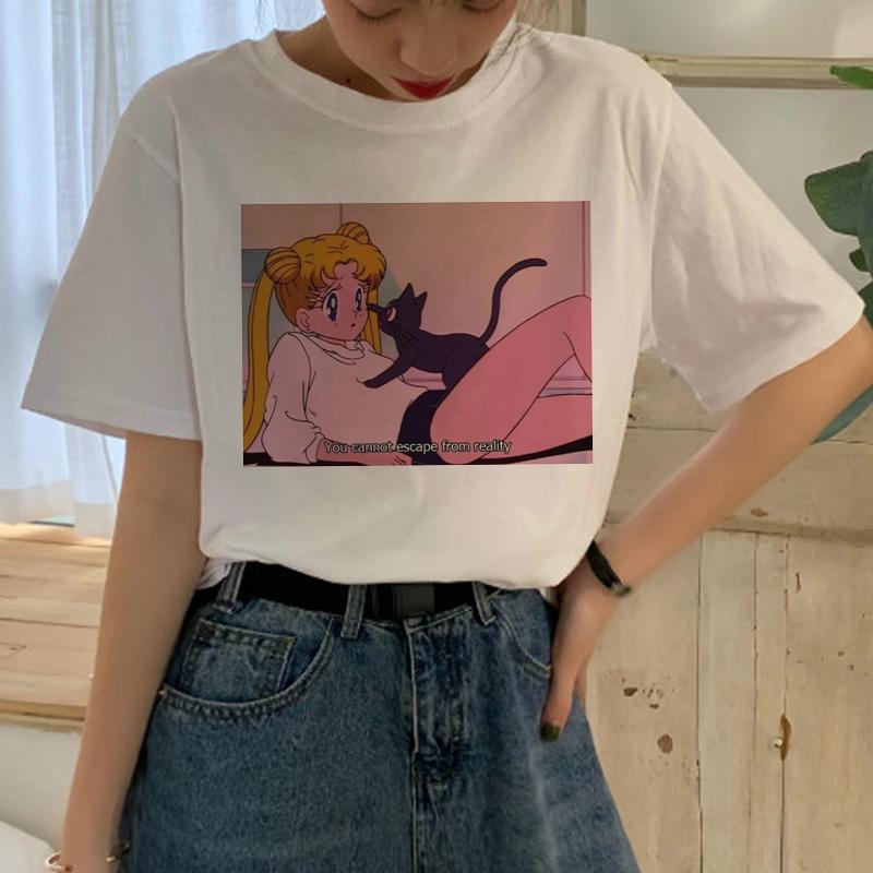 

Kawaii Сейлор Мун Харадзюку футболка женщин Ullzang 90s Мультфильм Эстетические футболки Симпатичные Графические