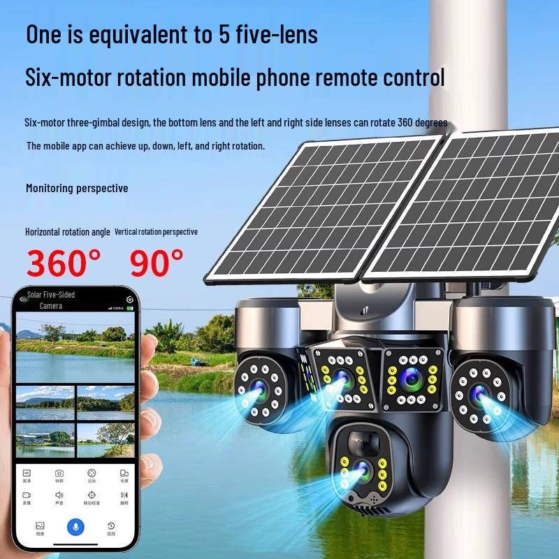 5-Screen Solar 360° Surveillance Monitor with No-Data HD Night Vision Camera