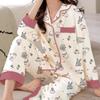 French Floral Faux Cotton Women's Pajama Set - Spring/Autumn Long Sleeve & Pants, Loose Cardigan Style for Middle-aged Women.