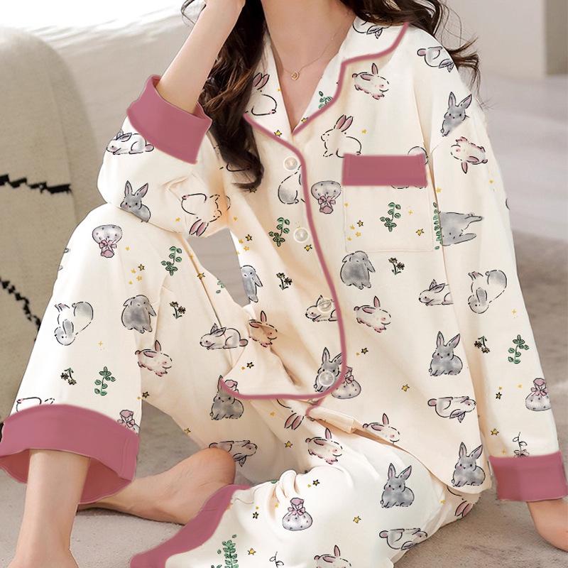 French Floral Faux Cotton Women's Pajama Set - Spring/Autumn Long Sleeve & Pants, Loose Cardigan Style for Middle-aged Women.