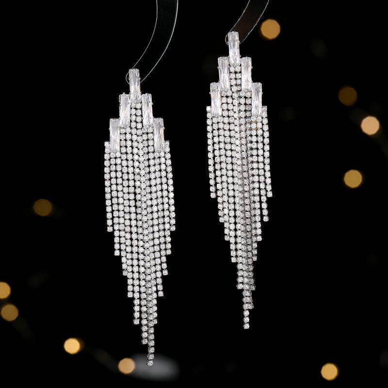 S925 Sterling Silver Geometric Zircon Long Tassel Earrings - Versatile Studs for Women
