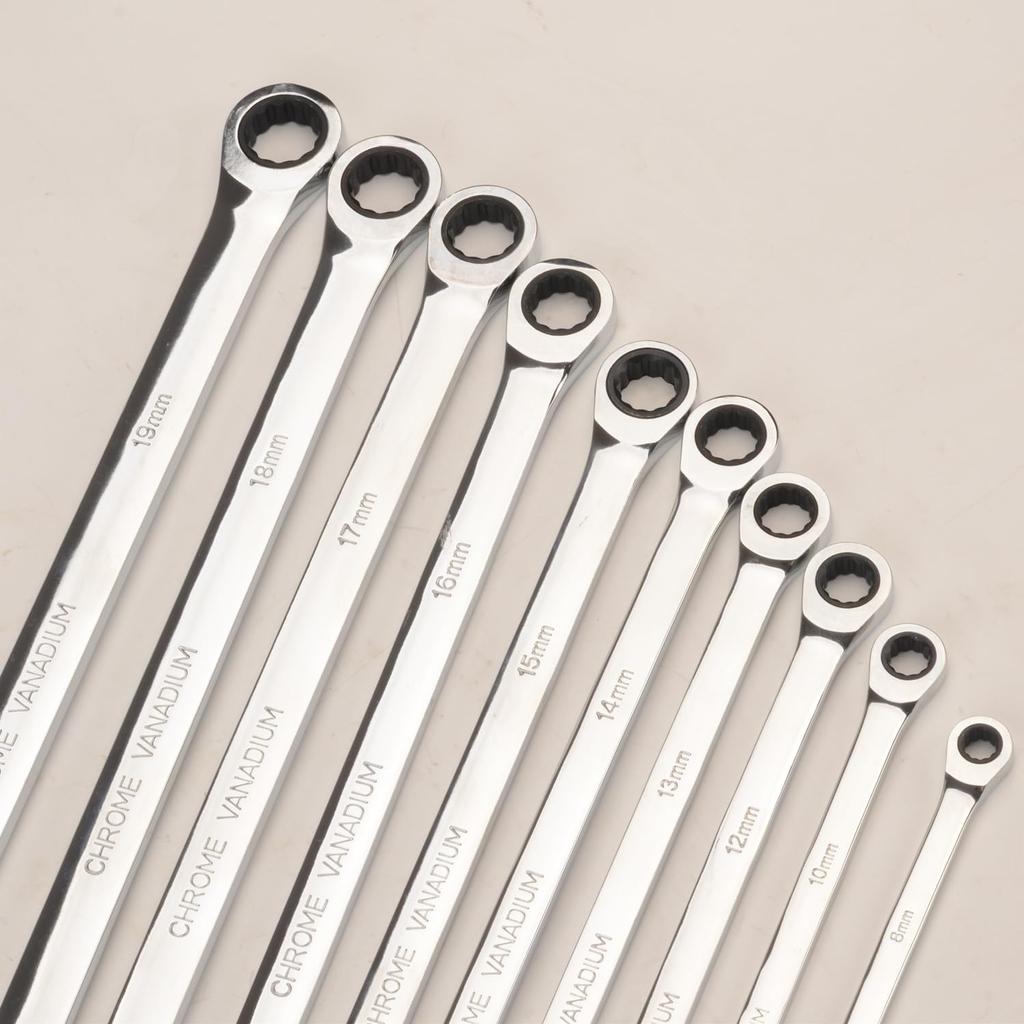 FLZOSPER Box Wrench Set, Ratchet Wrench, Extra Long Straight, 90 Gears, Mirror Finish, 8-19mm, 14-Piece Set, with Storage Case