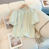 French Mint Bubble Round Neck Shirt - Summer 2026 Design, Short Sleeve, Loose Fit Top