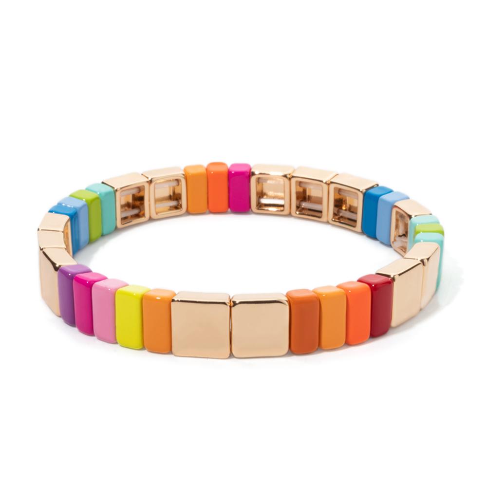 New Fashion Deil Eye Enamel Bangle for Women Colorful Beaded Boho Rectangle Shape Hand Accessory