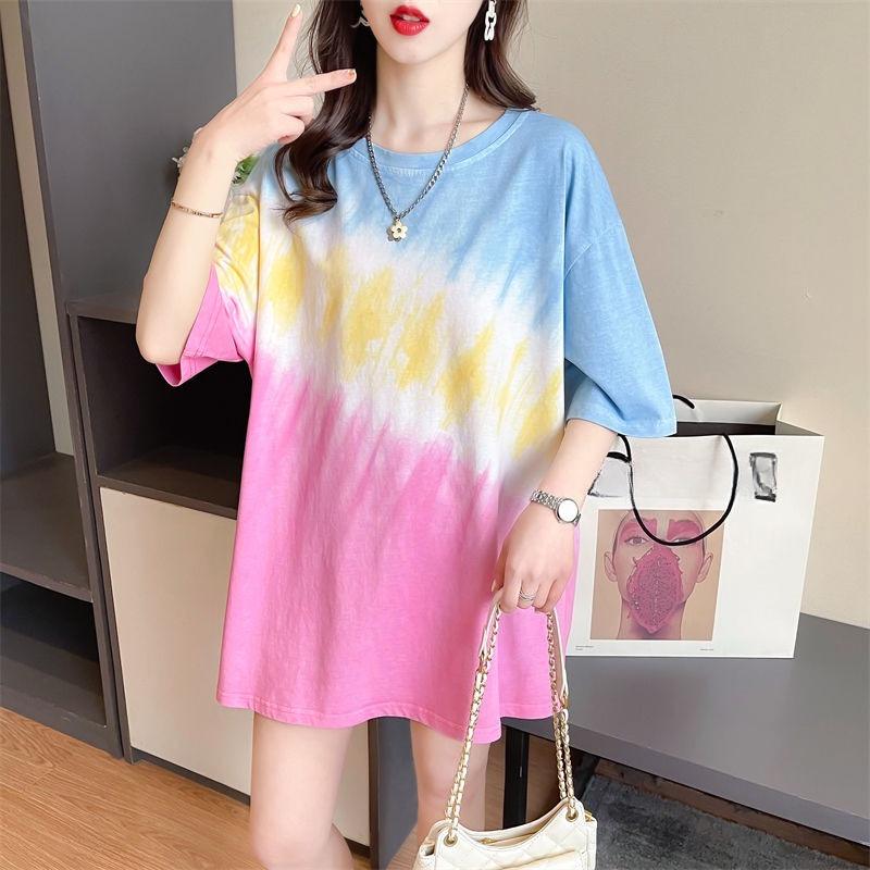 Color Blocking Medium Long Women's T-shirt Korean Lazy Style Tops Loose Casual Versatile Ladies Short Sleeved