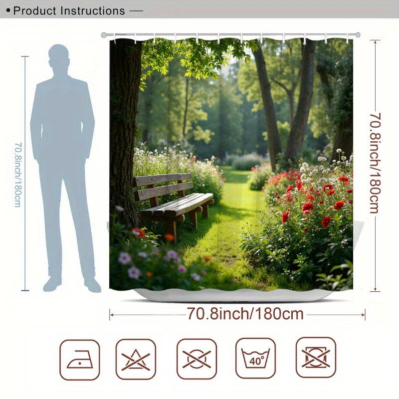 1pc Shower Curtain - Serene Garden Path with a Wooden Bench Amidst Lush Greenery and Vibrant Flowers, Perfect for Bathroom