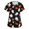 Women's V-Neck Short Sleeve Scrub Top with Pockets Halloween Print for Work