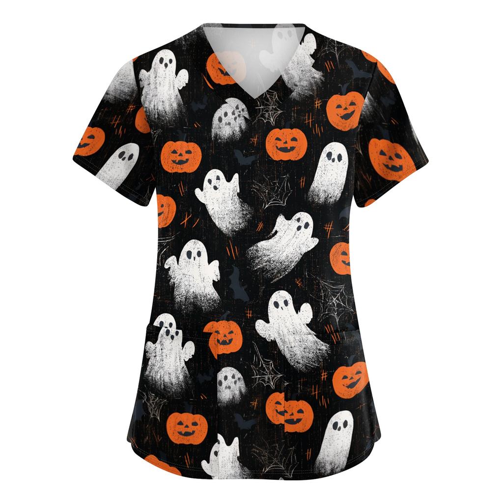 Women's V-Neck Short Sleeve Scrub Top with Pockets Halloween Print for Work