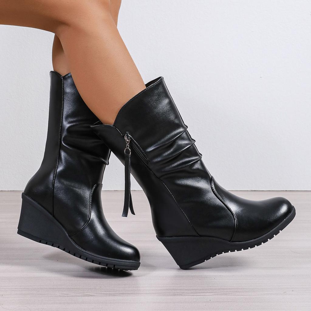 Fashion Black Leather Elegant Heeled Warm Mid Calf Shoes Woman Autumn Winter 2025 Novelty Trend Y2k Round Toe Half High Boots for Women