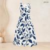 Women Plus Size Round Neck Sleeveless White Blue Floral Printed Dress Tie Waist A Line Flared Dress