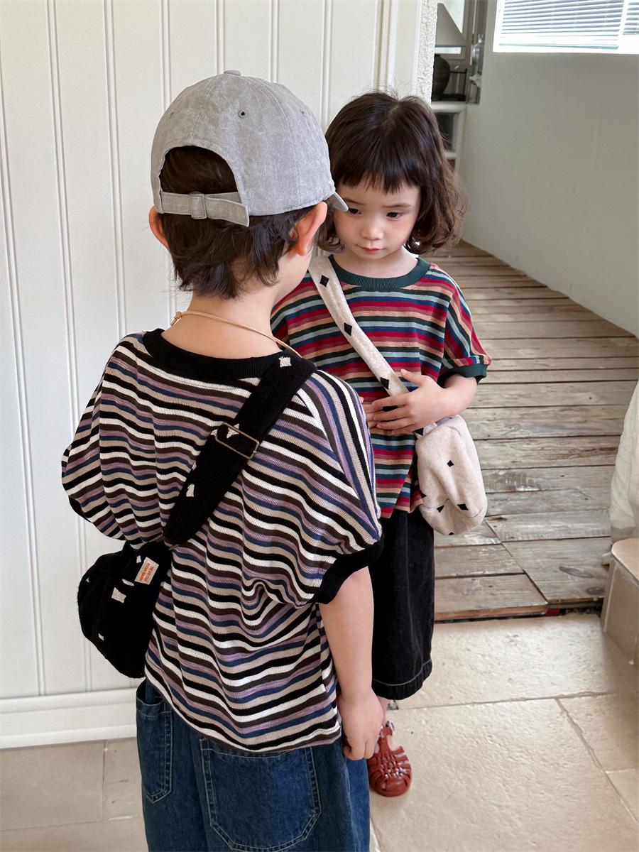 

Jiaye Лето 2025 Красочные Полосатые Футболки для Детей - Унисекс Свободный Крой, Круглый Вырез, Короткие Рукава 130 cm фиолетовый