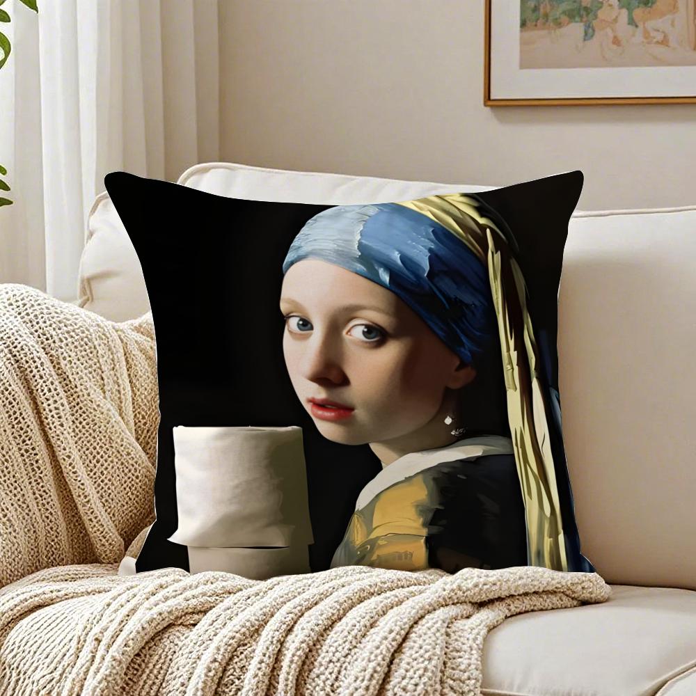 Classic Art Mona Lisa Wearing Pearls Girl Cushion Cover Linen Pillowcase Soft For Sofa Bed Home Room Decor