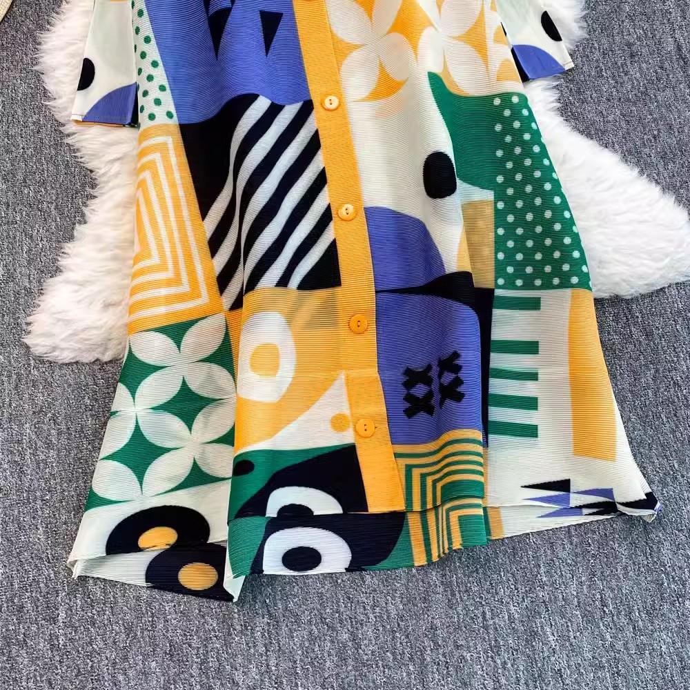 Autumn Spring Fashion Print Colorblock Oversized Loose Shirt Dresses Women's Single Breasted Draped Pleated Party Miyake Clothing