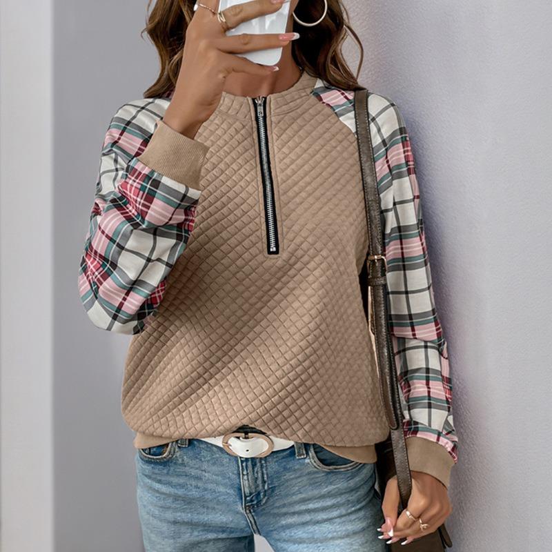 Women S Vintage Casual Loose Fit Plaid Patchwork Long Sleeve Sweatshirt