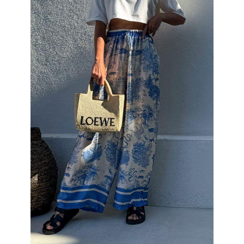 

Bohemia Retro Style European Fashion Spring and Summer Animal Print Pocket Loose and Simple Wide Leg Casual Trousers Female Sky Blue M