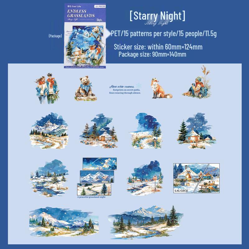 Набор наклеек для питомцев Yi Niao: Серия «Бескрайняя прерия» - 6 стилей, 15 листов, Сезонные пейзажные наклейки