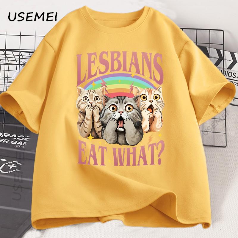 Retro LGBT Eat What Cat Lesbian Pride T-shirt Funny Equal Rights Graphic Cat Tees Unisex Short Sleeve Cotton Tshirt Clothing