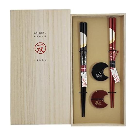 This Pair Chopsticks, Lacquered Chopsticks in a Paulownia Box, Yoimachi Moon + Hana Sakura Chopstick Rests, 2 Pairs, Made in Japan. Wajima-nuri