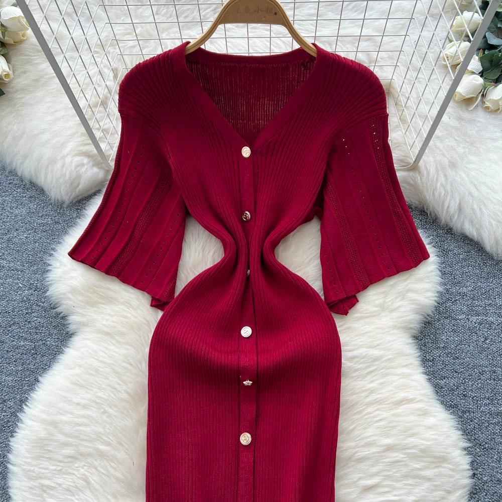 Sommer Damer Elegant V-hals Enkeltspent Strikket Futteral Genser Lang Maxi Fishtail Kjoler