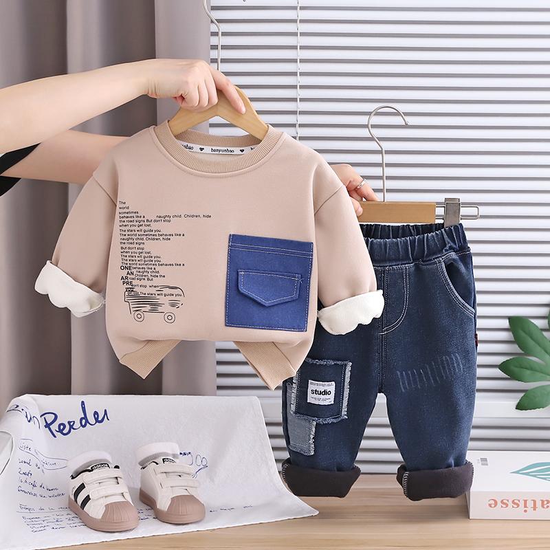 Boys' Long Sleeved Two-piece Set, 0-5-year-old Children's Printed Fleece Hoodie+casual Denim Pants Set