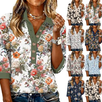Women's Fashionable and Casual Summer V,neck Patchwork Three,quarter Sleeve Floral Top