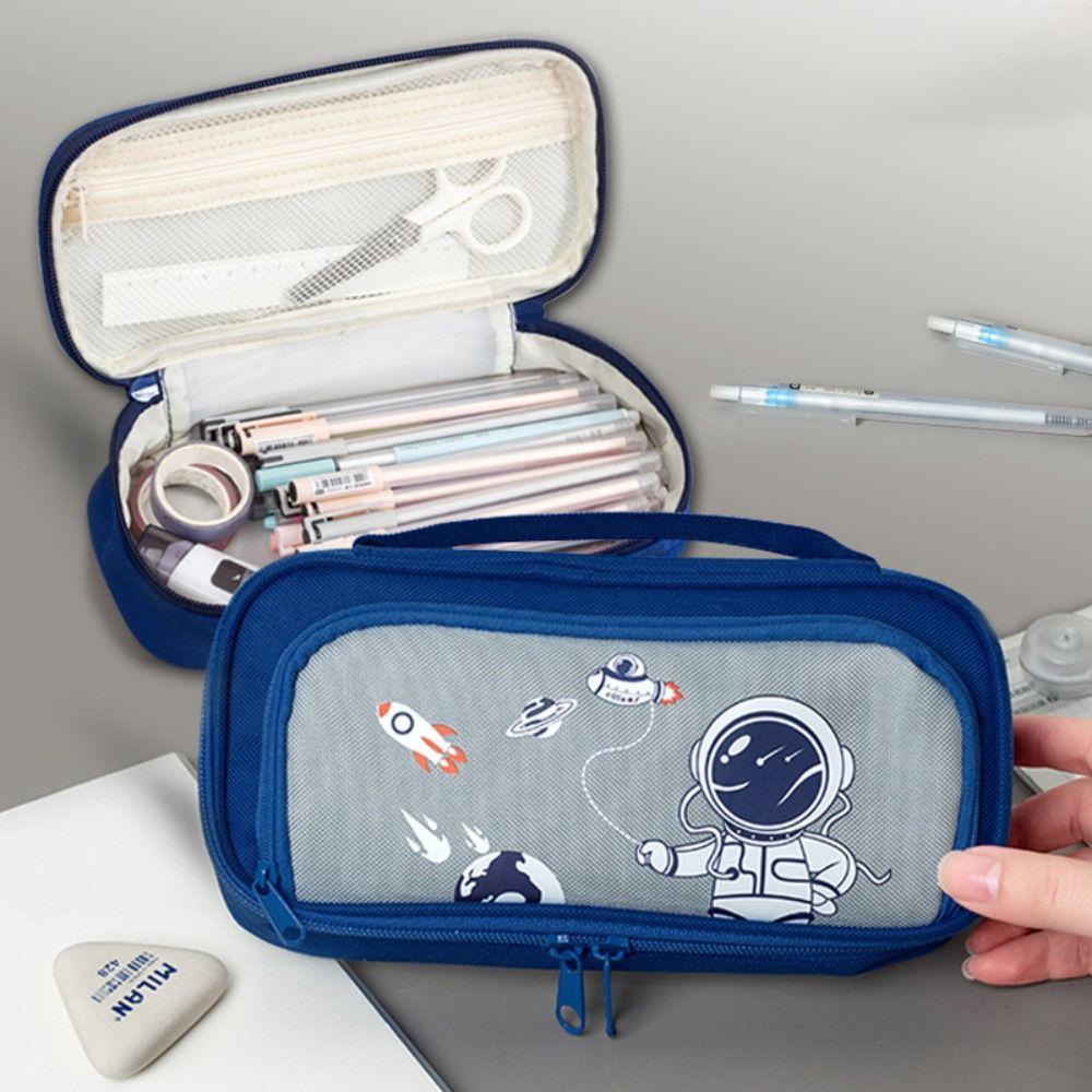 Cartoon Double-layer Pencil Bag Large Capacity Kids Stationery Bag Space Astronaut Pencil Case