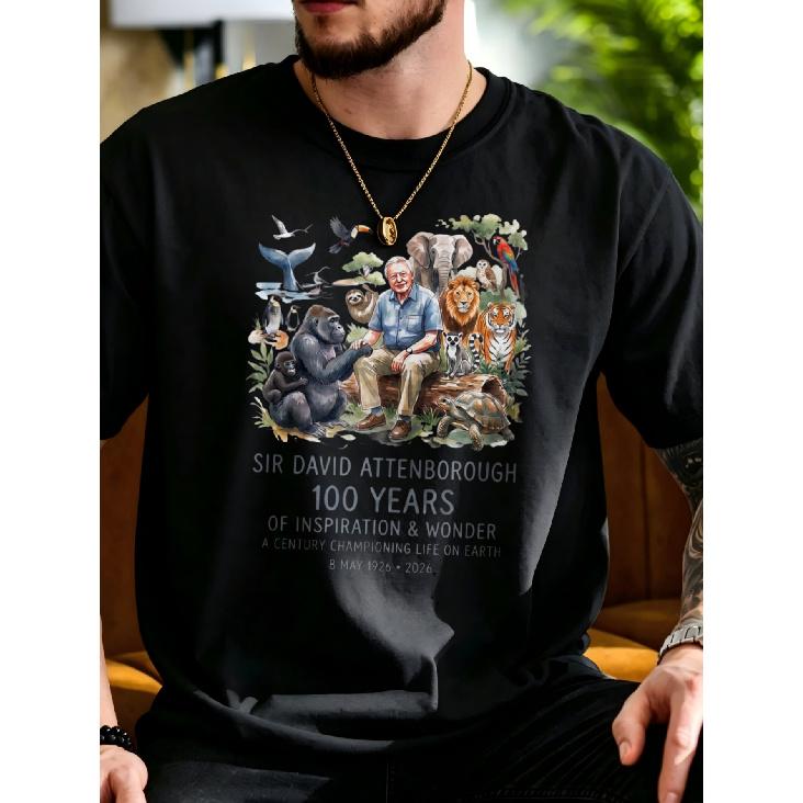 Cotton Casual Style T-Shirt Sir David Attenborough 00 Years Of Inspiration And Wonder Wildlife Animal Print Summer Gift for Nature Lovers And Animal S чёрный