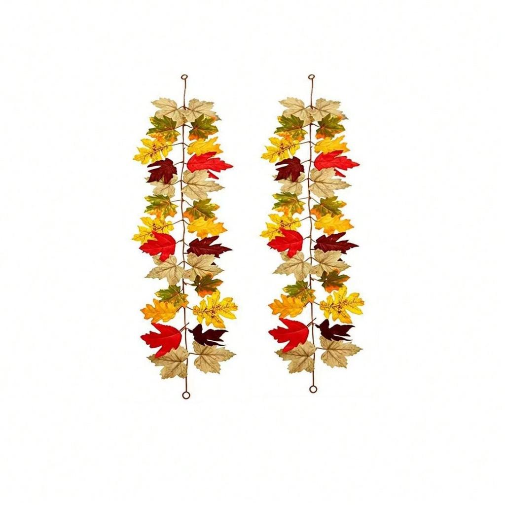 2Pcs Fall Artificial Maple Leaf Wreath—Harvest Festival, Thanksgiving, and Halloween Decorations; Artificial Maple Leaves and Vine; Outdoor Garden