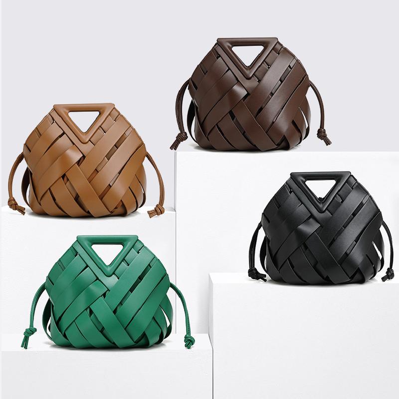 Simple Color Solid Women Casual Woven Drawstring Handbag With Buckle Magnetic