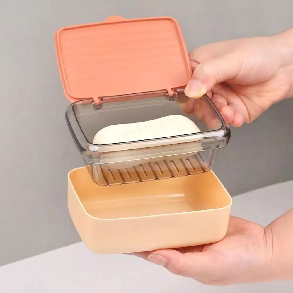 2025 Hot Double-layer Soap Box Household Bathroom Non-punching Hollow Drain Soap Box with Cover Dust Soap Box Holder