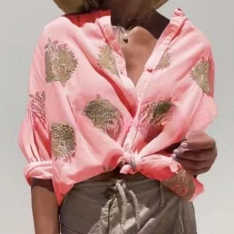 Women's Autumn Graphic Print Long Sleeve Shirt with Turn-Down Collar