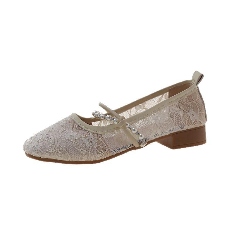 Leather shoes flat-soled single shoes  shallow mouth pearl one-word buckle with fashionable mesh women's soft sole
