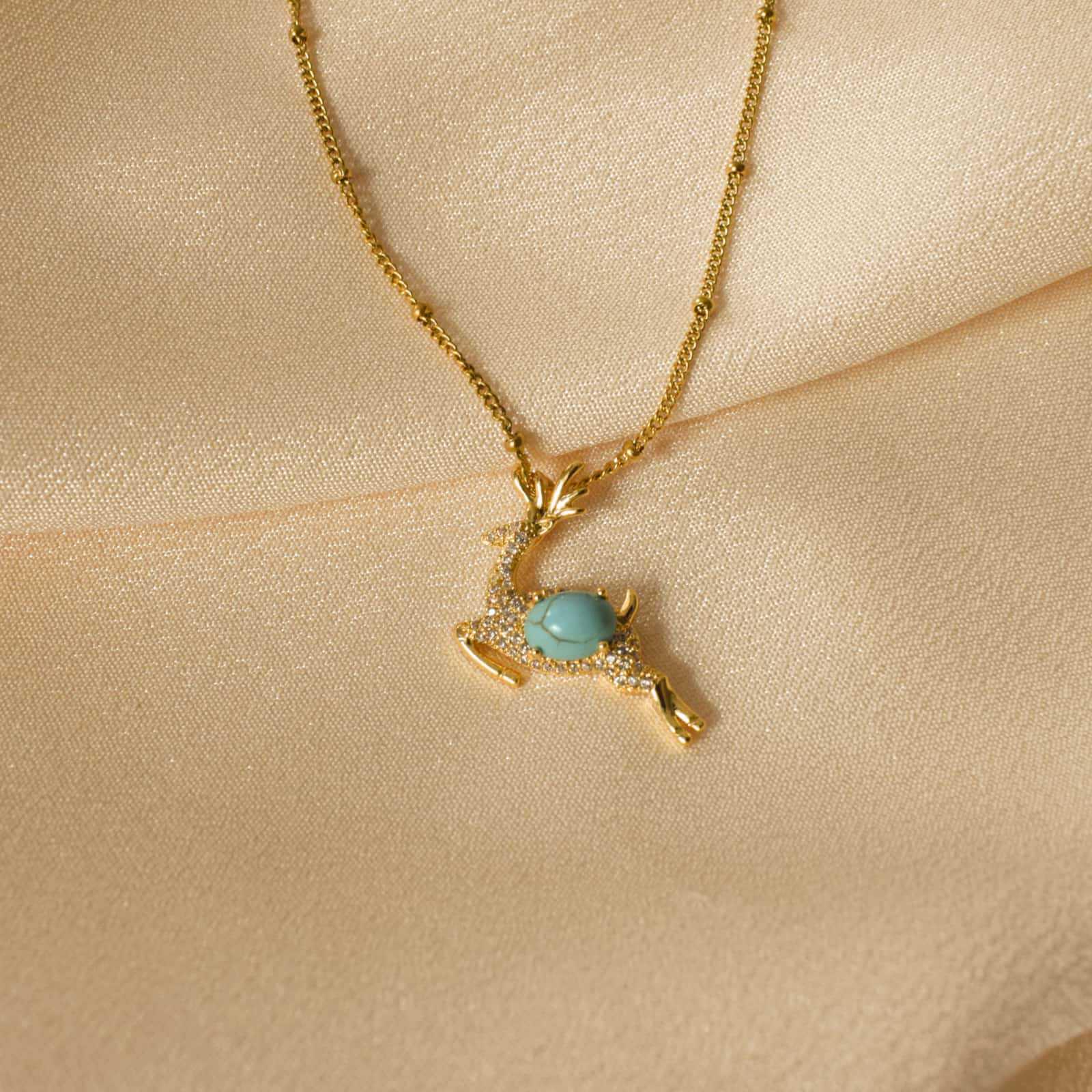 

European & American Christmas Reindeer Turquoise Pendant Necklace - Stainless Steel, Simple & Versatile Anniversary Gift