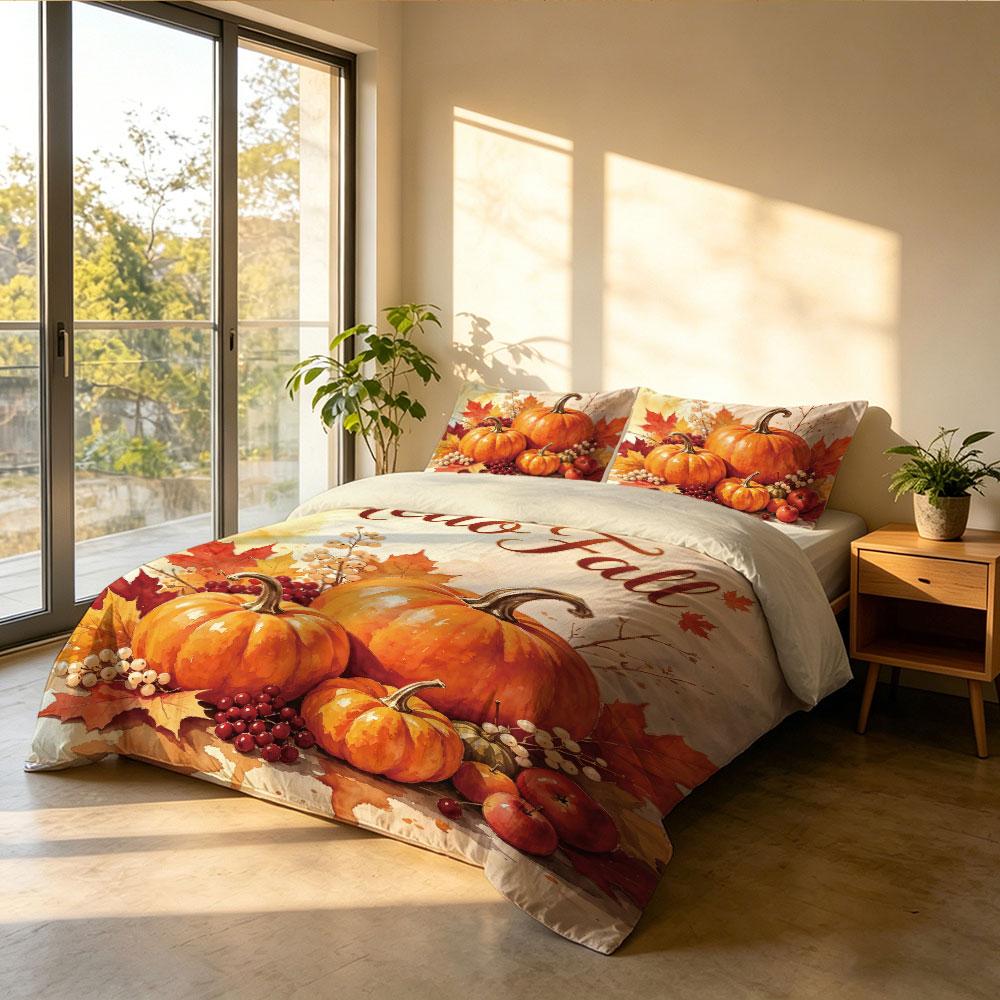 3 Pcs Hello Fall Duvet Cover Set Pumpkin Maple Leaf Print Thanksgiving Cozy Bedding Set for Bedroom Living Room