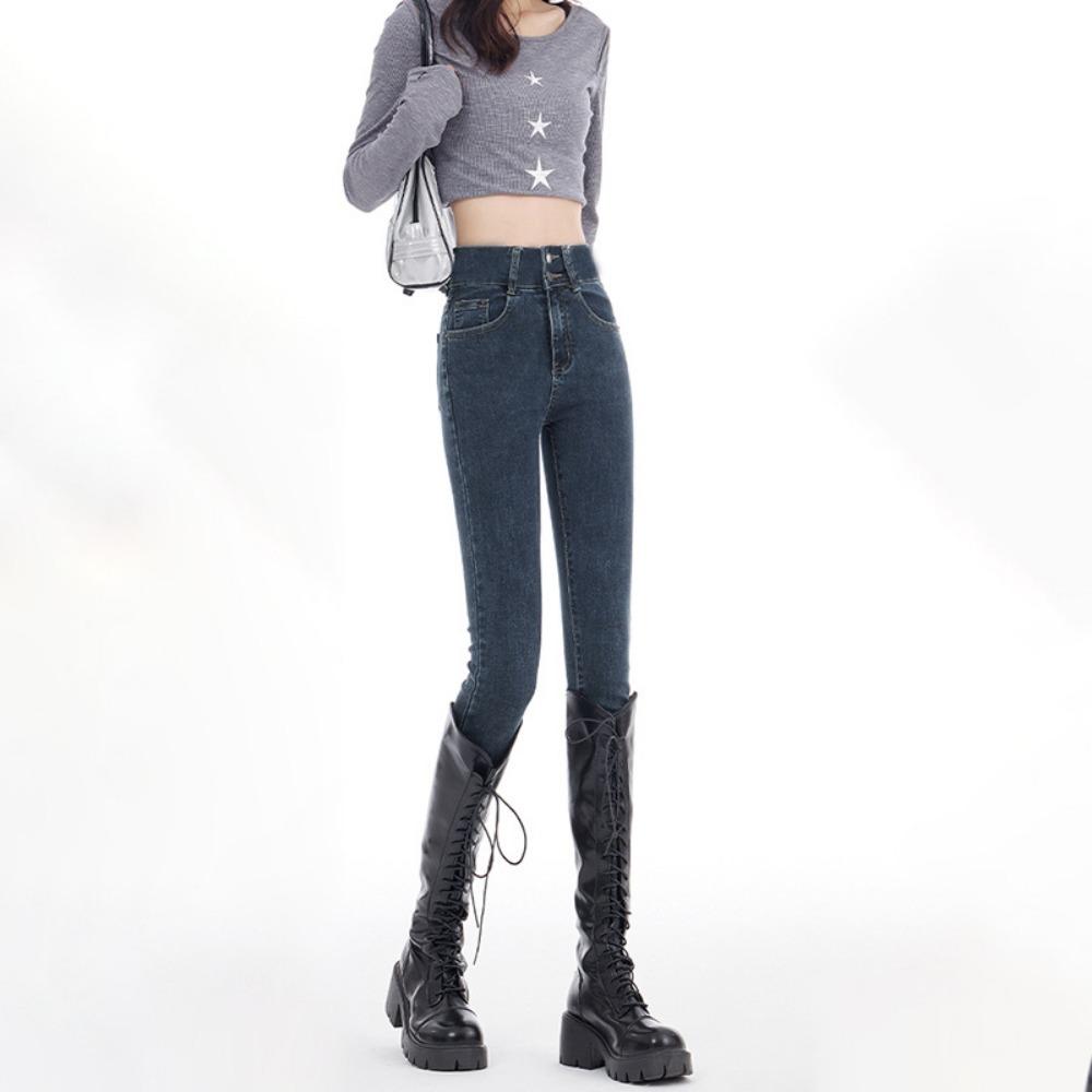 Korean version of autumn and winter 2025 new high-waisted double-button tight pencil pants women's thin and versatile denim pants
