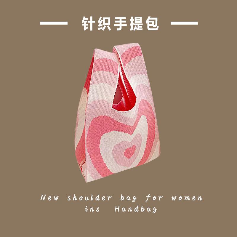 Ins Trendy Handbag Women'S Knitted Wool Bucket Bag Hand Carry Casual Tote Bag Box Lunch Bag