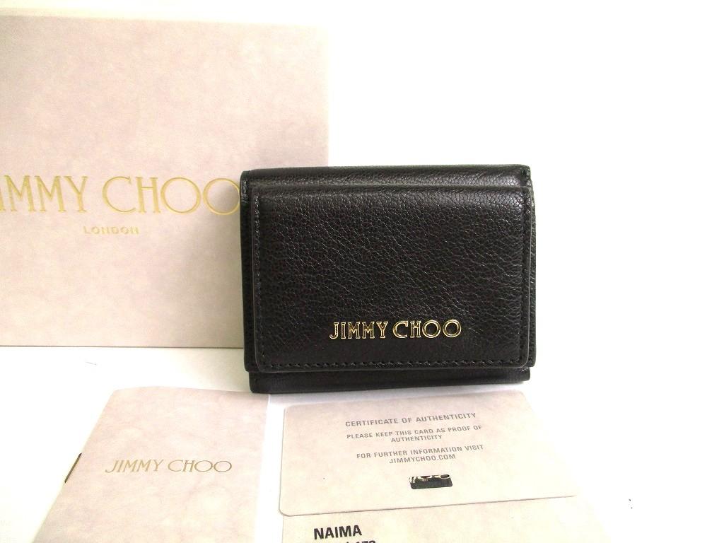 Authentic Jimmy Choo Metal Logo Black Leather Trifold Wallet Compact Wallet NAIMA #a789  Refurbished