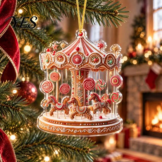 Gingerbread Theme Xmas Tree Decor Christmas Carousel Ornament, 2D Flat Car Rearview Mirror Charm, Acrylic Durable Hanging Keepsake Decoration for Car,