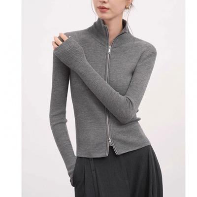 Gray Stand-up Collar Double Zipper Knitted Cardigan Jacket Women's Autumn and Winter New Retro Slim-fit Bottoming Sweater Top