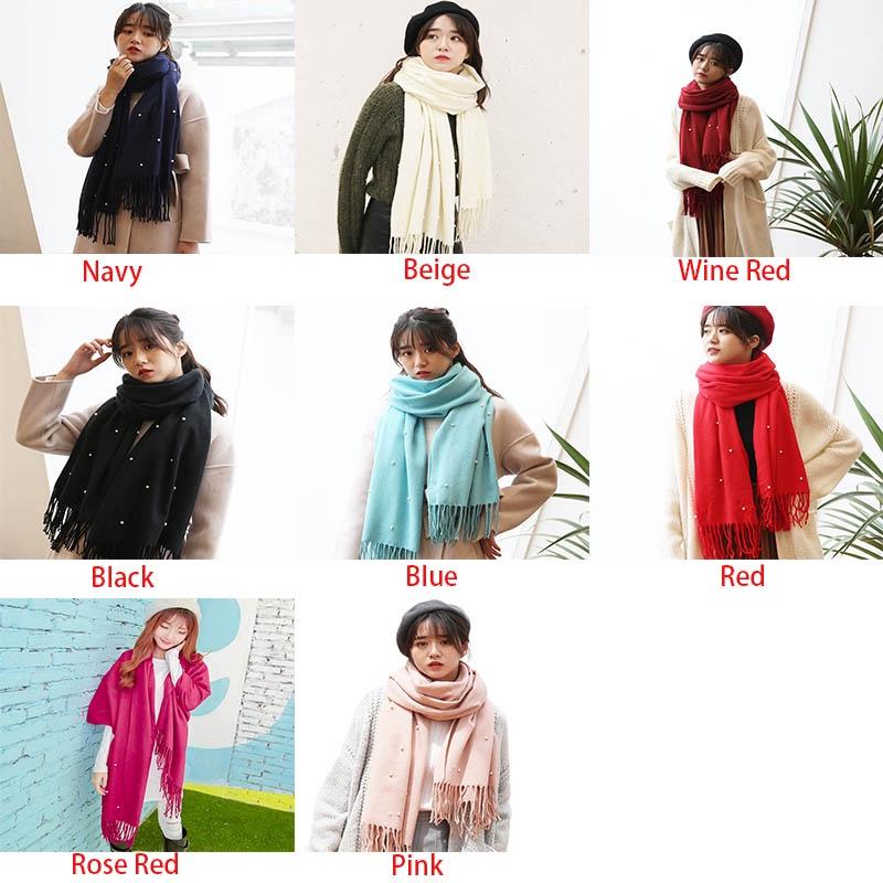 Women Elegant Knitted Solid Scarf With Pearls And Long Tassels For Winter Warmth